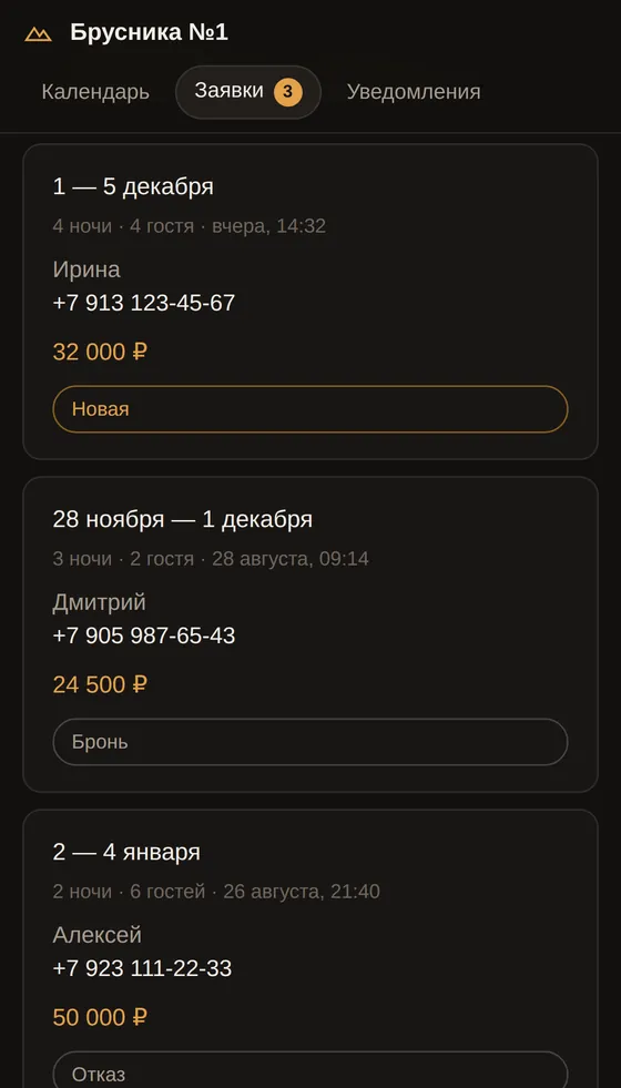 Список заявок в панели со статусами «новая», «бронь» и «отказ»